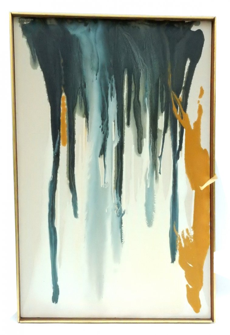 M. Bergman, "Summer Dream": Vintage Washington Color School style stain painting, signed top left "M. Bergman" and again on verso with title. [Art: 30 " W x 46" H]. Lathe wood frame. Light soiling, scuffs, and stretcher impressi