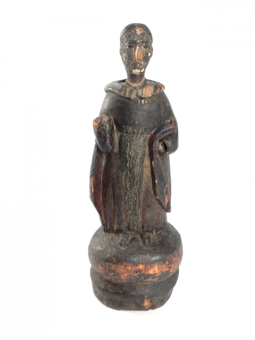 19th Century Wood Santos: 19th century wood painted Santos. [13 1/2" H x 5" x 4 3/4"]. Loss of hands and crack in back of sculpture. Sold "as is". From Martin Parker / Spencertown Art and Antique Company.