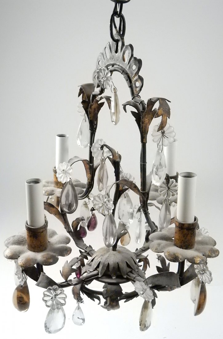 Continental-Style Four-Light Chandelier: Continental-style gilt-metal and tole four-light chandelier with glass prisms. [16" H]. Good condition consistent with age having losses to gilding.