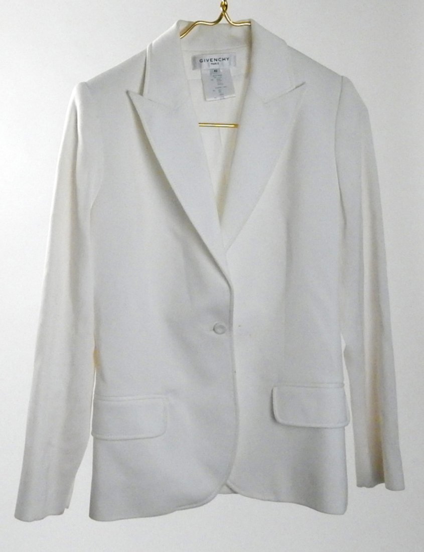 Two Jackets - Krizia; Givenchy: Comprises: 1.) Krizia jacket in rayon.size 38. 2.) Givenchy jacket in cotton and silk. Size 42. Soiling on neck, missing a button.