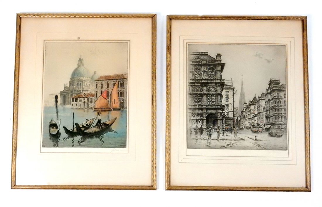 Two Continental School Color Prints: Comprises: 1.) Street scene. [Frame: 20 3/4" x 16 3/4"]. Age-toning to paper. 2.) Canal scene. [Frame: 20 3/4" x 16 3/4"]. Age-toning to paper.