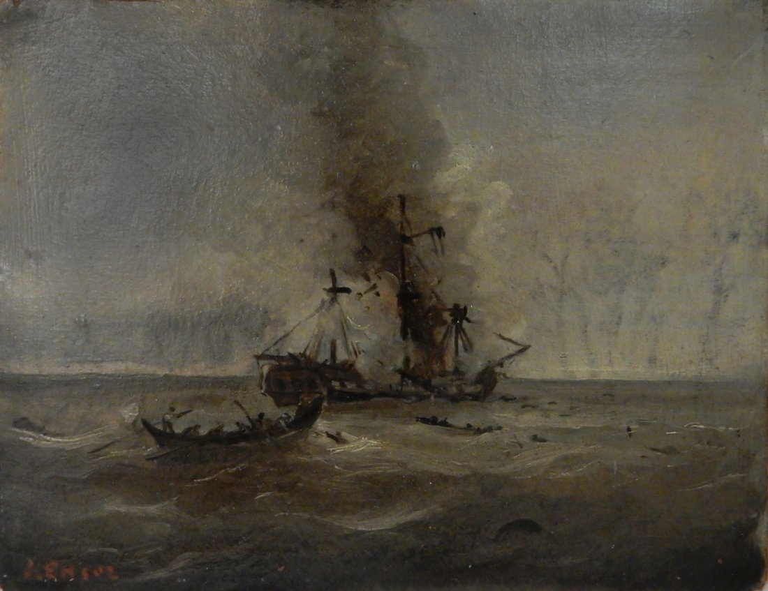 James Ensor, Oil on Cardboard - “Bateau en Feu”: “Bateau en Feu” (Seascape with Burning Boat) 1876. Oil on cardboard. [7 1/4 x 9 1/2 in. (18.8 x 24.3 cm.)] Signed in red, lower left, ‘J. Ensor’. Verso: Signed in violet pencil ‘J. Ensor’