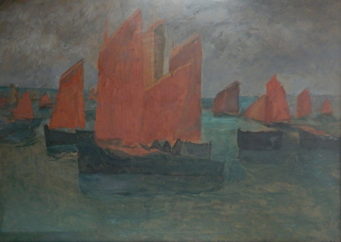 Charles Cottet, Oil on Cardboard - “Voiles Rouges”: “Voiles Rouges” Oil painting on cardboard. 28 x 39 in. (71.12 x 99.06 cm.) Signed lower left, ‘Ch. Cottet’. Provenance: The Estate of Leon Fischer, New York.
