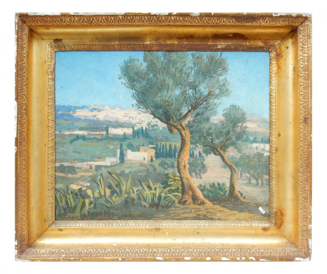 George E. Cook, Oil on Canvase - Landscape: George E. Cook, landscape of southern Spain. Oil on canvas. Signed lower left, dated "1922", lower right. [Art: 22 14" W x 17 1/2" H; Frame: 28 1/2" W x 23 3/4" H]. Some soiling and abrasion, craquelu