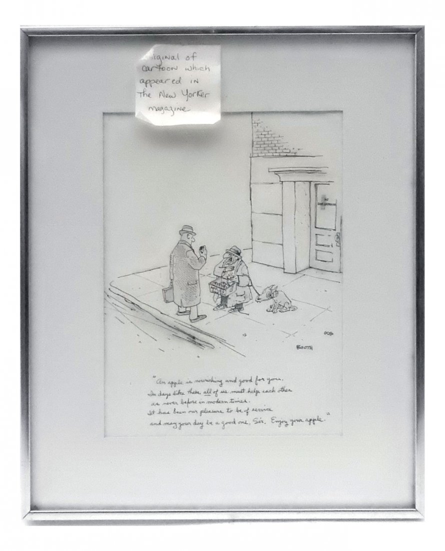 "Booth" Original New Yorker Cartoon: "Booth", inscribed in lower right "...enjoy your apple". Original ink on paper cartoon for the New Yorker magazine. [Art: 8 1/4" x 11 1/2"; Frame: 17 1/4" x 14 1/4"]. In good overall condition.