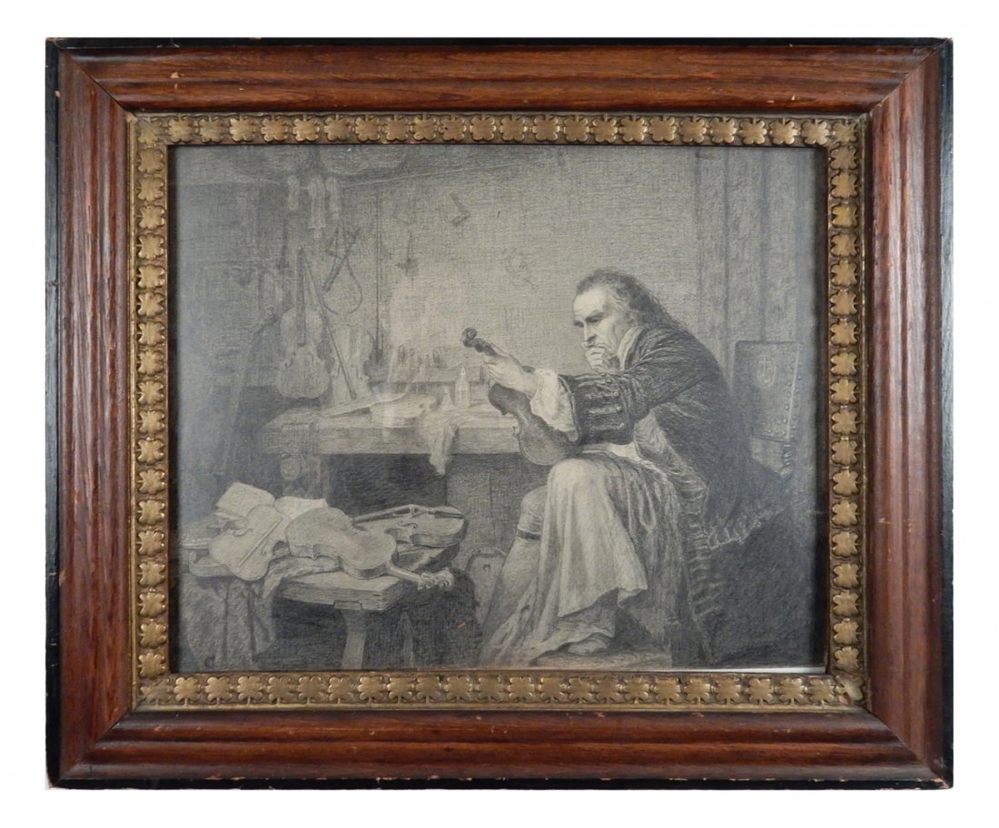 Violin Maker, Pencil Drawing: Violin maker, pencil on paper rendered drawing. [Art: 12 3/4" x 15 1/2"; Frame: 17 3/4" x 20 3/4"]. In good overall condition.