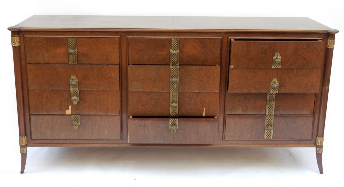 French-Style Nine-Drawer Sideboard: Classical bronze mounted nine-drawer sideboard dresser. [70" L x 21" D x 35 1/2" H]. Scratches and wear to finish.