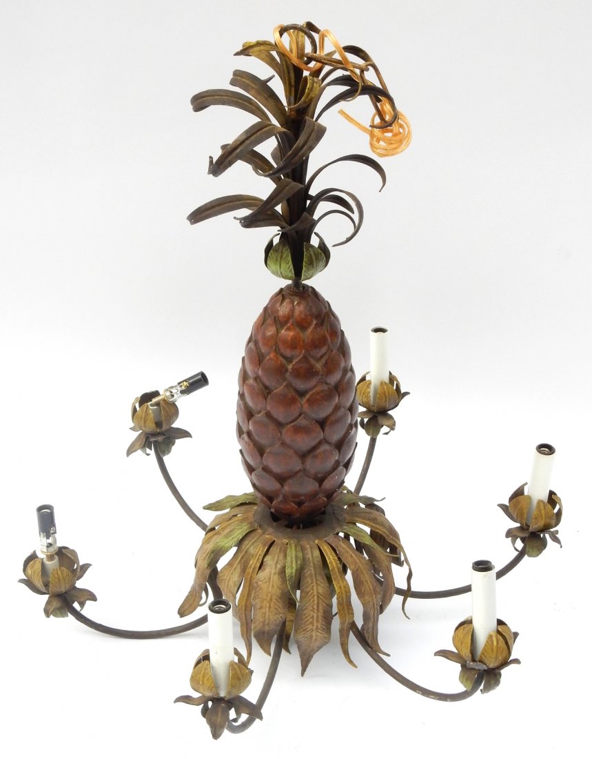 Tole Six-Light Pineapple Fixture: Tole six-light pineapple fixture. [24" Dia. x 27" H]. Overall good condition; some bent leaves.