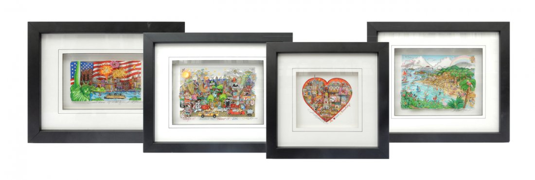 Charles Fazzino, Four 3D Pop Art Pieces: Comprises: 1.) "Sweet Land of Liberty", edition 24 /150. 2.) "Heartbeat of Broadway", edition 5/50. 3.) "Our Caribbean Vacation", edition 61/350 DX. 4.) "Google It, Facebook Me", edition 23/100 DX. [A