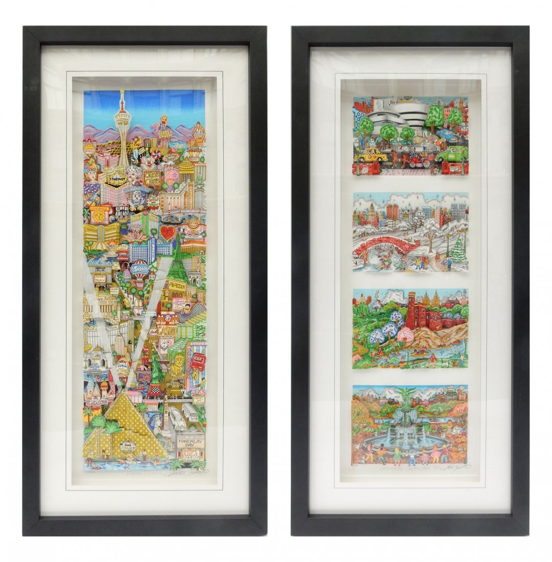 Charles Fazzino, Two 3D Pop Art Pieces: Comprises: 1.) "Vegas Vacation" edition 170/200. [Art: 11 1/2" x 36 1/4"; Frame: 22 3/8" x 47"]. 2.) "Seasonally Central Park" edition 88/200. [Art: 11" x 33 1/4"; Frame: 22" x 44 1/2"]. Both signed a