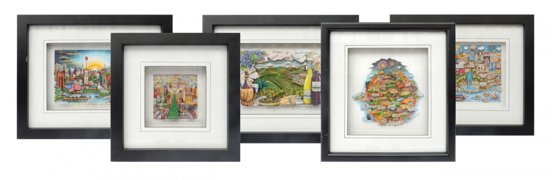 Charles Fazzino, Five Pop Art Pieces: Comprises: 1.) "A Tasting in Wine Country" 67/200 DX. 2.) "The Sun Shines Again on Manhattan" 40/150 DX. 3.)"Pittsburgh" edition 118/175. 4.) "Like No Other Place...Orange County" 5/300 DX. 5.) "'Tis 