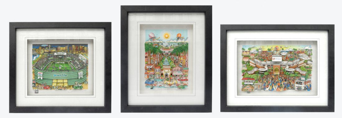 Charles Fazzino, Three 3D Pop Art Pieces: Comprises: "J...E...T...S" edition 4 /50. 2.) "Perfectly Palm Beach" edition 94/300 DX. 3.) "Gators Chomp the Swamp" edition 40/200 DX. All signed. [Art: 10 1/2" x 15" to 13" x 19 1/2"; Frames: 21 1/2