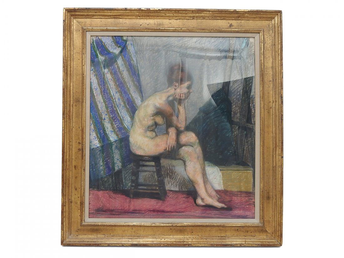 Albert Handell, Pastel - Seated Nude: Full-length 1/2 profile depiction of a scowling female model seated upon a stool. Signed bottom left "Handell". [Art: (sight) 21 1/2" x 23 1/2"; Frame: 27 3/4" x 30"]. Minor puckering.