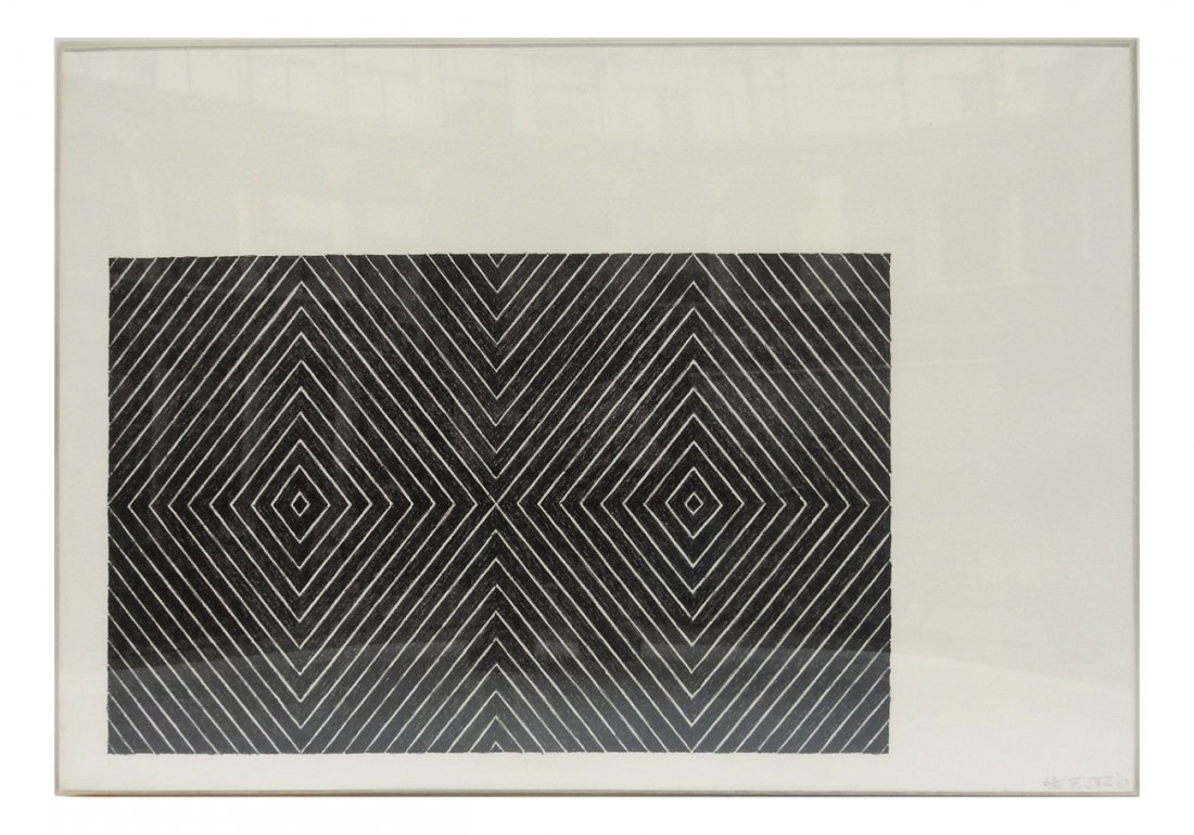 Frank Stella, "Marquis De Portago": Frank Stella, "Marquis De Portago". Lithograph with embroidered stamps. "10/100 F. Stella '67" signed in lower right. [22" H x 15" W]. In good overall condition.