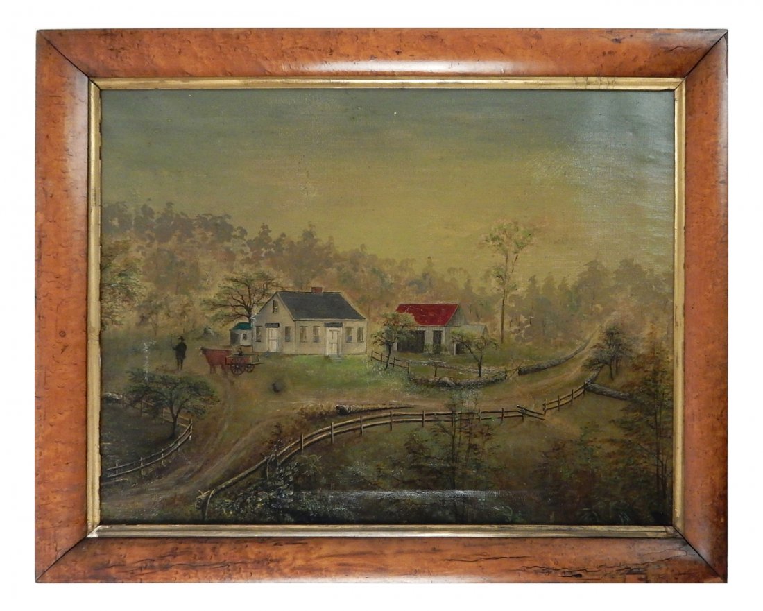 Vintage American Native Homestead: Oil on canvas. Depicts a rural homestead with man beside an ox and cart with child. Unsigned. [Art: 17 1/8" x 23"; Frame: 21 1/4" x 27 1/4"]. Yellowing, scuffs, and stretcher impression.