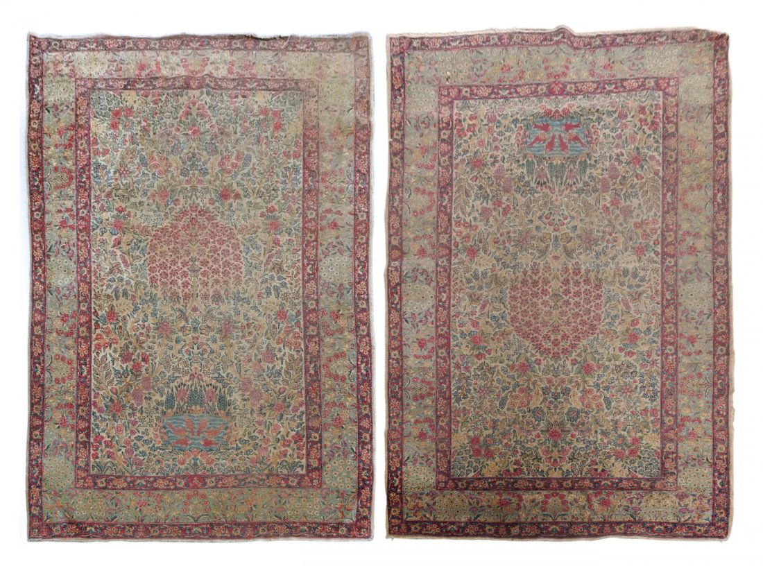 Pair of Kashan Floral Rugs: Pair of floral Kashan floral rugs. Ivory rectangles with multicolored flower filled field, a pond of fish as the base, having a conforming wide border and two guard borders in green and red. [83" x 54