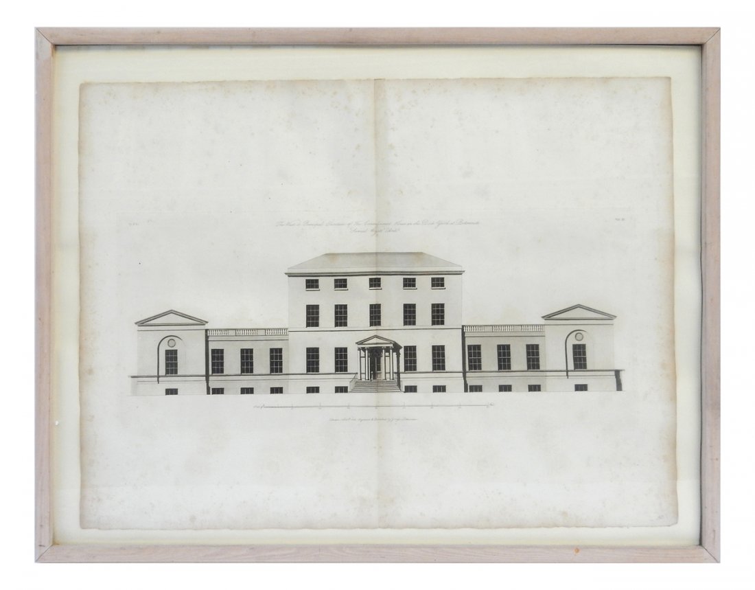 19th Century Architectural Engraving: George Richardson 19th Century architectural engraving. "The west or principle elevation of the Commissioner's house in the dockyard at Portsmouth. Samuel Wyatt Archt". "London, Nov 25th, 1805, Engrav