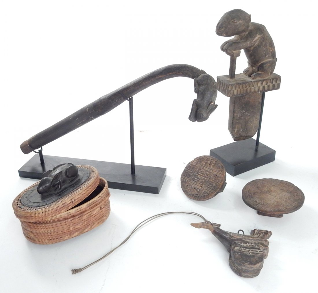 Six Carved Wood Items: Comprises: carved rabbit on stand, wicker basket with carved rabbit top, top half of walking cane with carved rabbit on a stand, bird toy with wheel, two antique coptic stamps. [Larger stamp: 4" Dia x