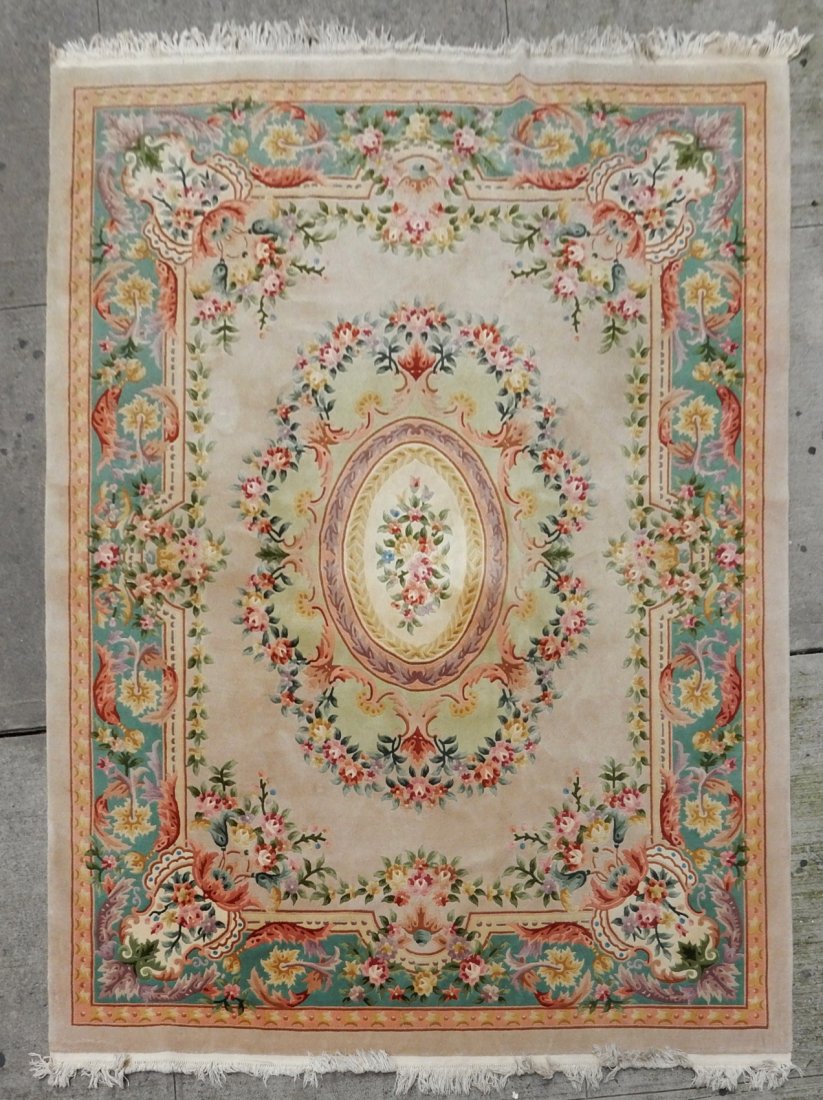 Contemporary Aubusson-Style Wool Rug: Features vibrant pastel colors. [141" x 109"]. Tight edges. In good overall condition.