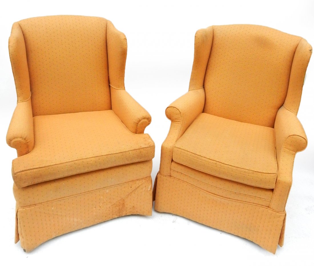 Pair of Upholstered Wingback Armchairs: Pair of upholstered wingback armchairs with removable cushions. [To seat: 31 1/2" x 31" x 19 1/2"; To top: 41 1/2"]. Some soiling, sold "as is".