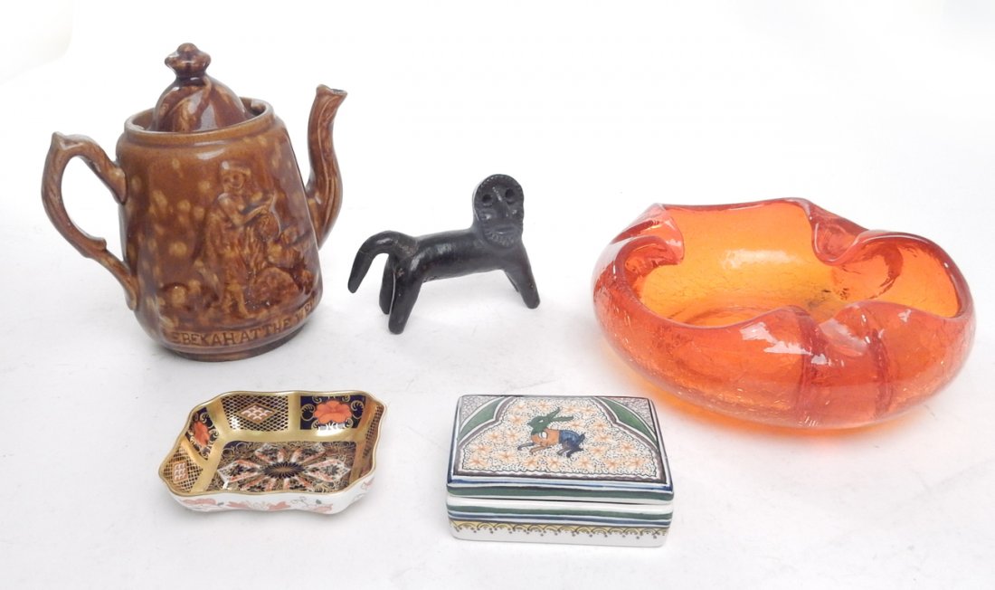 Five Assorted Items: Comprises: Royal Crown Derby nut dish, earthenware teapot, glass cigar ashtray, ceramic model lion, ceramic rectangular dish with top. [Teapot: 7" x 4 1/2" x 6 3/4"]. Model of lion was repaired, still