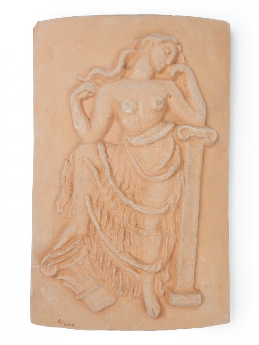 Carl Milles, "Muse" Terracotta Plaque: Carl Milles (Swedish, 1875-1955), "Muse" terracotta bas-relief plaque inscribed and numbered "6/200". [15 3/4" W x 10 1/2"]. Losses to canvas.