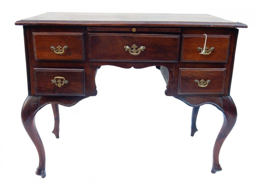 Antique Queen Anne-Style Child's Desk: Five-drawer knee-hole desk with center side and cabriole legs. [34" W x 17 5/8" D x 27 3/4" H]. Wear throughout. From Martin Parker / Spencertown Art and Antique Company.