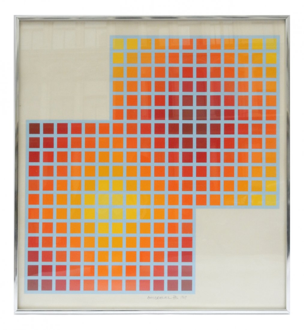 Richard Anuszkiewicz, Silkscreen: "Anuszkiewicz 72/200 1969" Signed lower middle. "Double Square" - silkscreen in colors. [Art: 25 1/2" W x 27" H; Frame: 25 3/4" W x 27 1/4" H]. Good condition.