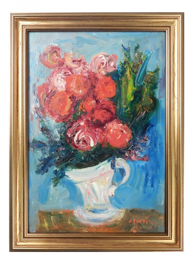 Jacques Zucker, Still Life: "J. Zucker", signed lower right. Still life with flower. Oil on canvas. [Art: 9 1/2" W x 13 3/4' H; Frame: 11 3/4" W x 16" H]. Good condition.