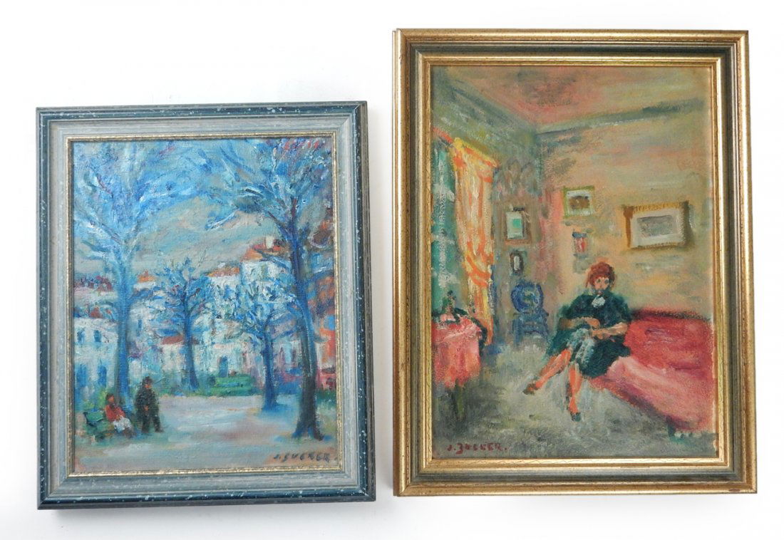 Jacques Zucker, Landscape and Interior: Comprises: 1.) "J. Zucker" signed lower left. Interior with figure. [Art: 9 1/2" W x 13" H; Frame: 11 1/2" W x 13" H]. 2.) "J. Zucker" signed lower right. [Art: 8 3/4" W x 10 3/4" H; Frame: 10 3/4" W