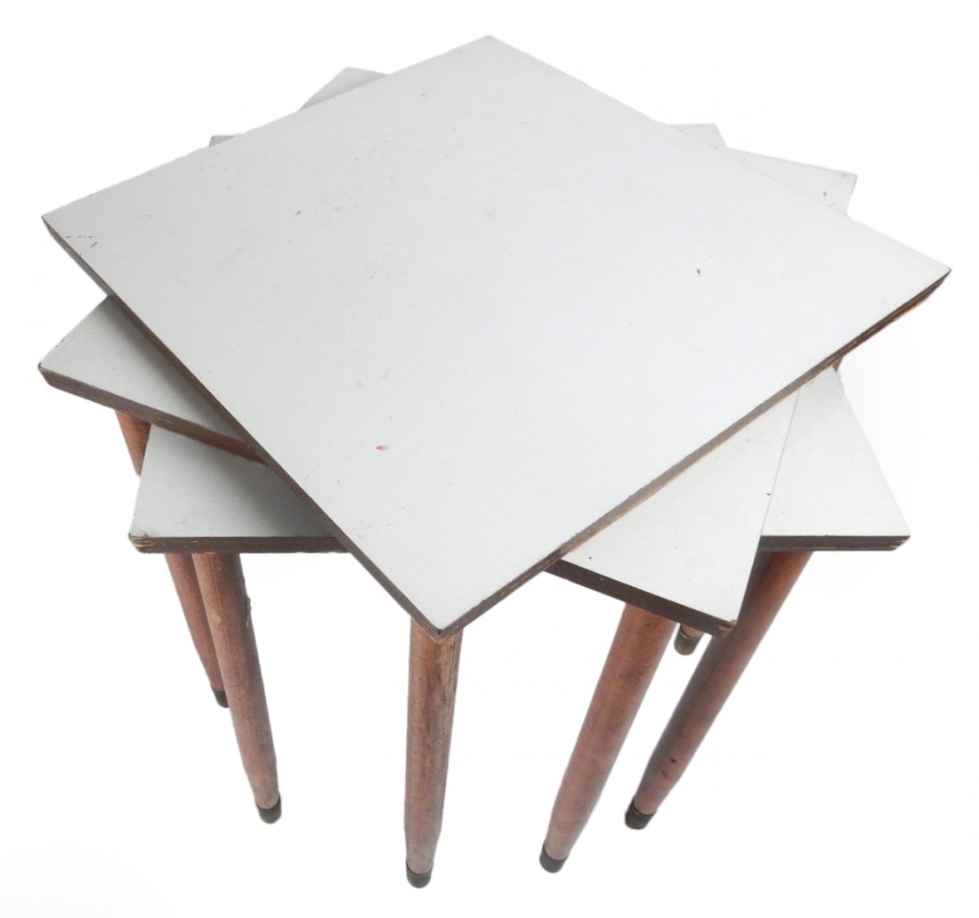 Modern Nesting Tables: 3-piece nesting tables with formed top, mahogany legs, and brass sabots.