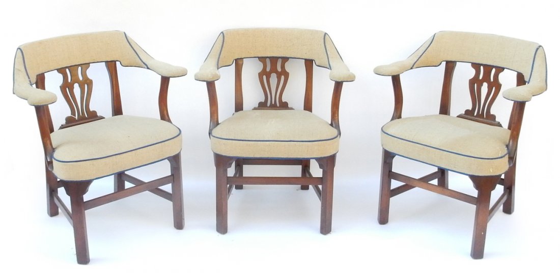Set of Three George III-Style Armchairs: Set of three 20th century George III-style armchairs. Burlap upholstered armrests and seat. [32" H x 27" W]. Upholstery has a few small holes.