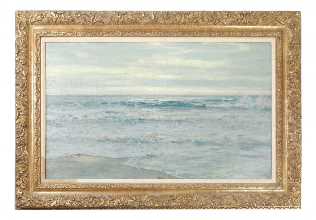 Howard Russel Butler, Coastal Seascape: Howard Russel Butler signed oil on canvase of a coastal seascape. [Art: 14 1/2" H x 24 1/2" W; Frame: 21" H x 30 3/4" ]. Bears superficial grime.