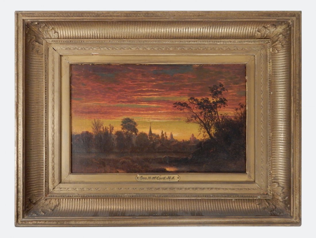 George Herbert McCord, Oil on Canvas: George Herbert McCord, sunset over a New England town. Signed lower left. Oil on canvas laid down to board. [Art: 9 3/4" H x 15 3/4" W; Frame: 20" H x 25 1/2" W]. Craquelure, losses to edges, blooming