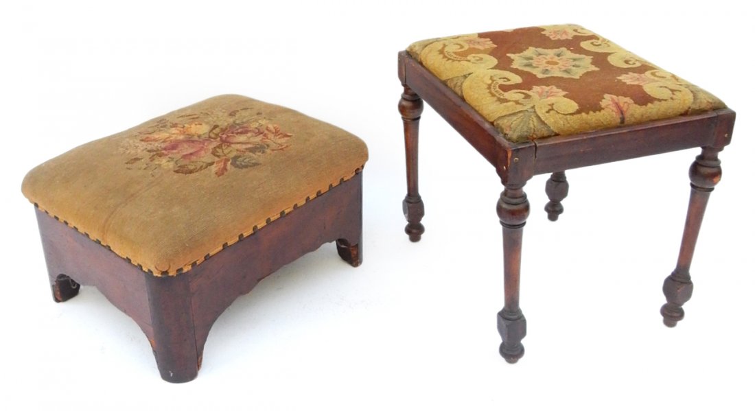 Two Needlepoint Benches: Two needlepoint benches. Roses and decorative patterns. [Empire bench: 22" W x 18" D x 11" H; Mahogany bench: 18 1/2" W x 16 1/2" D]. "As is".