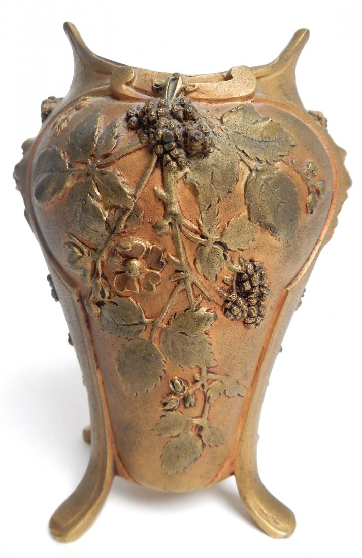 French Art Nouveau Patinated Bronze Vase: French art nouveau polychromed patinated bronze vase, sculpted in relief with stylized berries and stamped mark: "Louchet/Paris/Cisleur". [4 1/2" H].