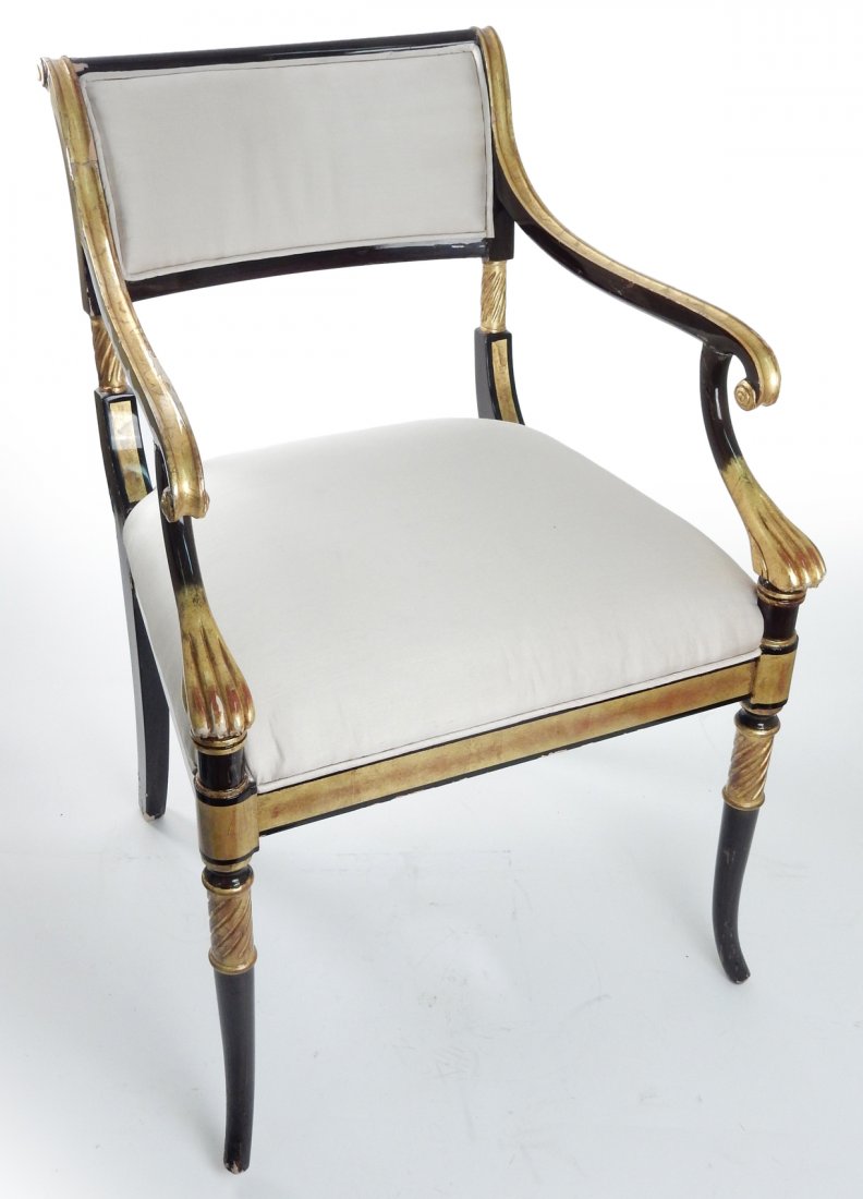 Gilt and Ebony Arm Chair: Classical style open arm chair, muslin upholstery. [22" W x 24" D x 33" H (back); 18" H to set]. Good condition as with age.