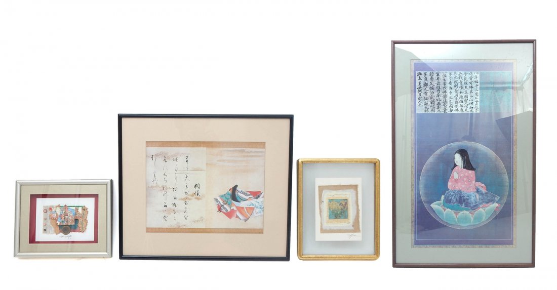 Four Works of Art: Four works of art comprising: 1.) Collage by Pei-Ling Becker "The Celestial Crane". 2.) Heart collage, 3.) Museum print "The Poetess" by Tosa Mitsuoki, 4.) Large museum print "Girl Lotus". [Largest: 4