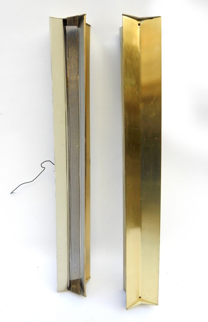 Pair of Lightolier Ceiling Fixtures: Pair of mid-century Lightolier brass finished, steel, flush-mount ceiling fixtures. [48 1/4" W x 6" D x 6" H]. Scuffs and pitting.