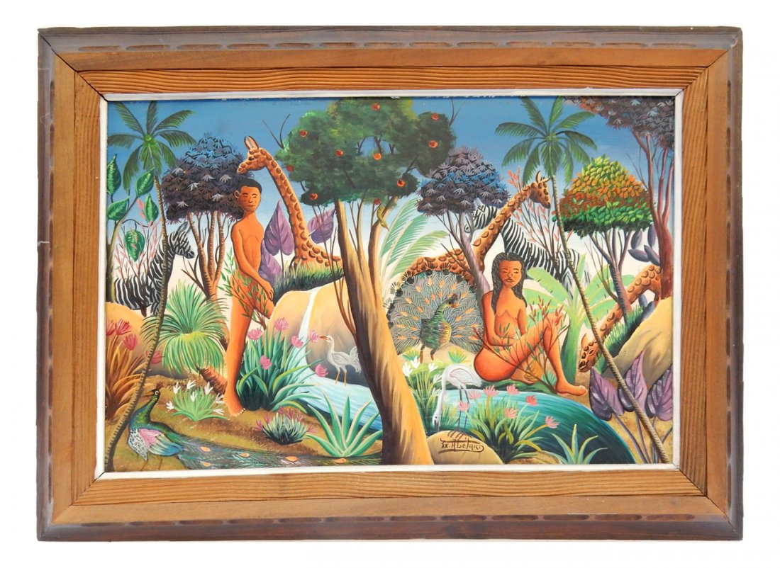 Abelard, Figures Amongst Giraffes: Framed oil on masonite, nude male, female figures signed center low. [Art: 24" W x 16" H; Frame: 30" W x 22" H]. Minor losses, overall good condition.