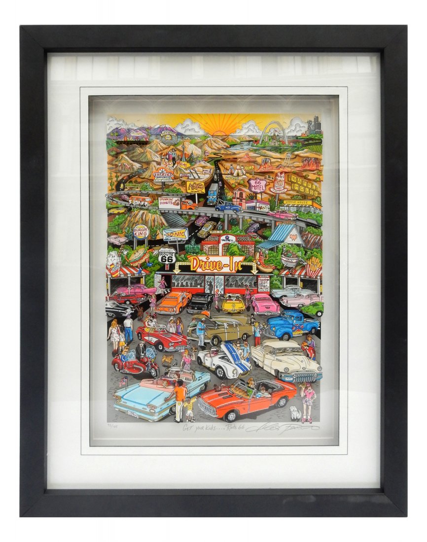 C. Fazzino, "Get Your Kicks...Route 66": Pop art 3-D construction with printed and embellished raised elements. Signed and inscribed in bottom margin "43/125, Get Your Kicks...Route 66, Charles Fazzino". [Art: 14 1/2" W x 21" H on larger she