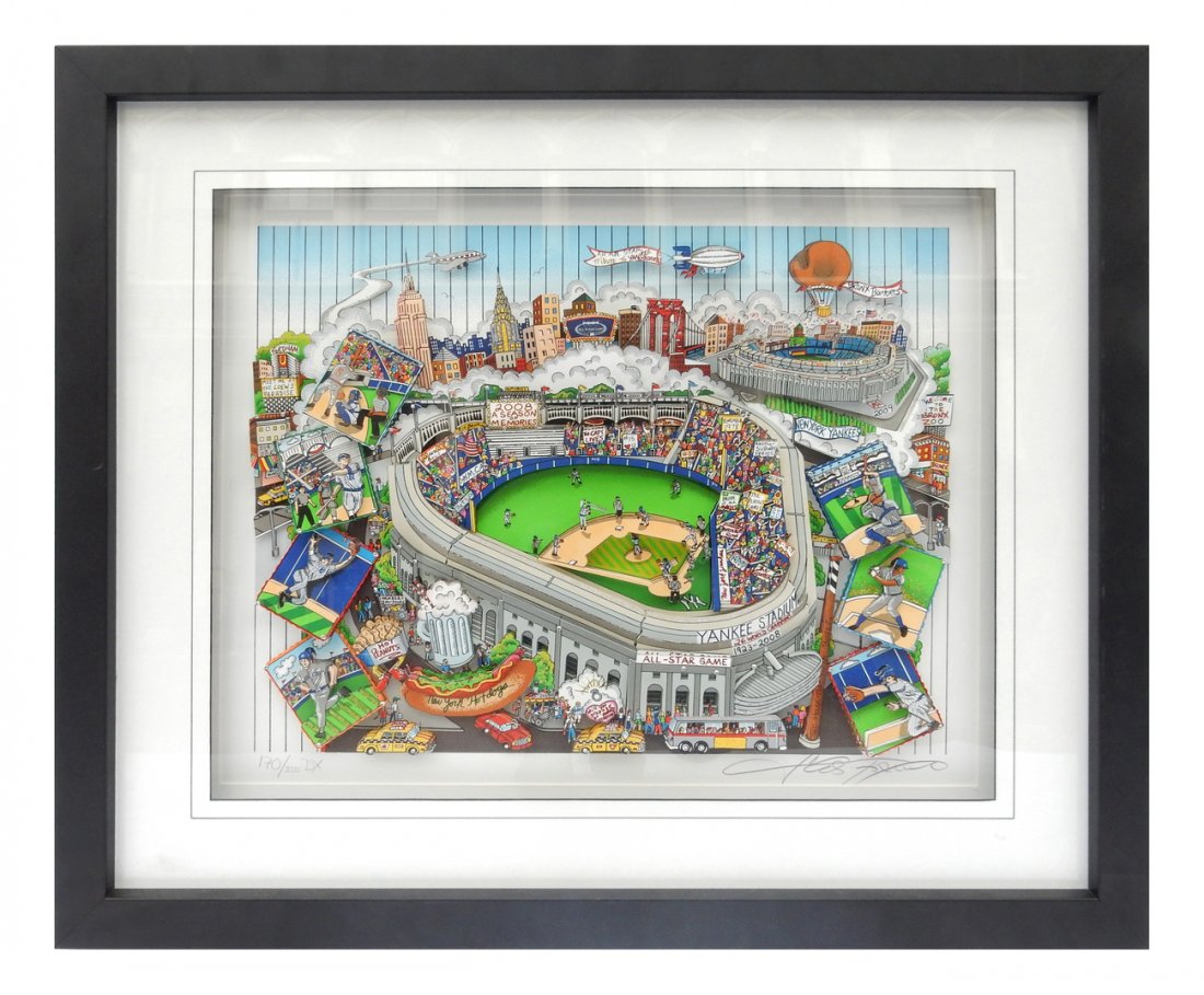 Charles Fazzino, Pop Art: "An All Star Tribute to Yankee Stadium". Pop art 3-D construction with printed and embellished raised elements. Signed and inscribed in bottom margin "170/350 DX Charles Fazzino". [Art: 21 1/2" W x 17
