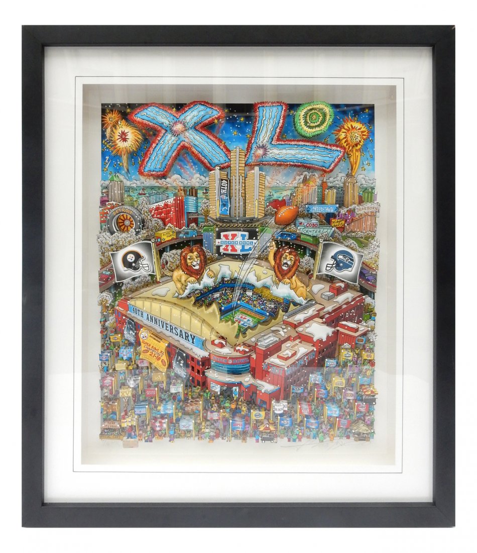 Charles Fazzino, "Super Bowl XL Detroit": Pop art 3-D construction with printed and embellished raised elements. Signed and numbered in bottom margin with holographic Super Bowl tag. "7/15 PR Charles Fazzino". [Art: 22" W x 26 1/2" H on large