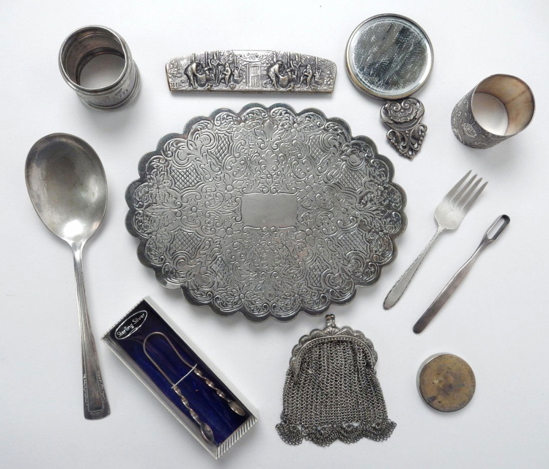 Assorted Victorian Silver Plate: Including hand mirror and comb, a salver, napkin rings, etc.