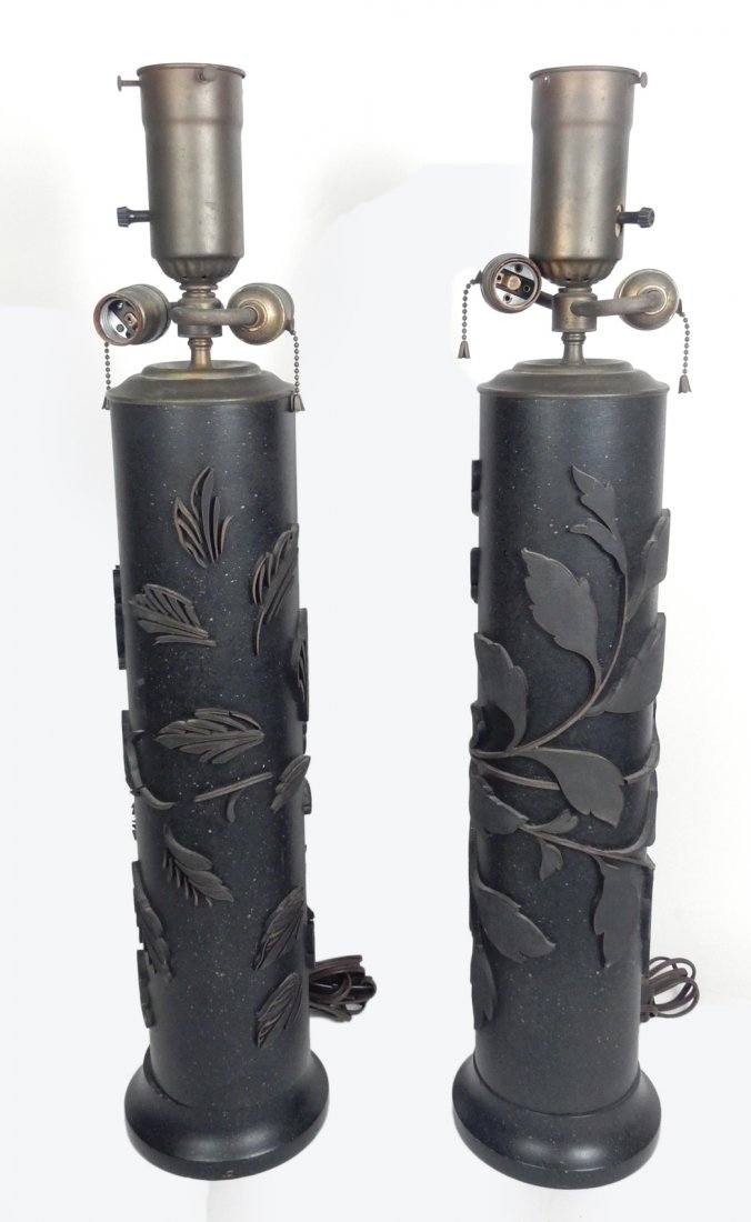 Pair of "Wallpaper Roller" Lamps: Pair of cylinder "wallpaper rollers" converted into lamps. [6 1/2" W at base x 29 1/2" H].