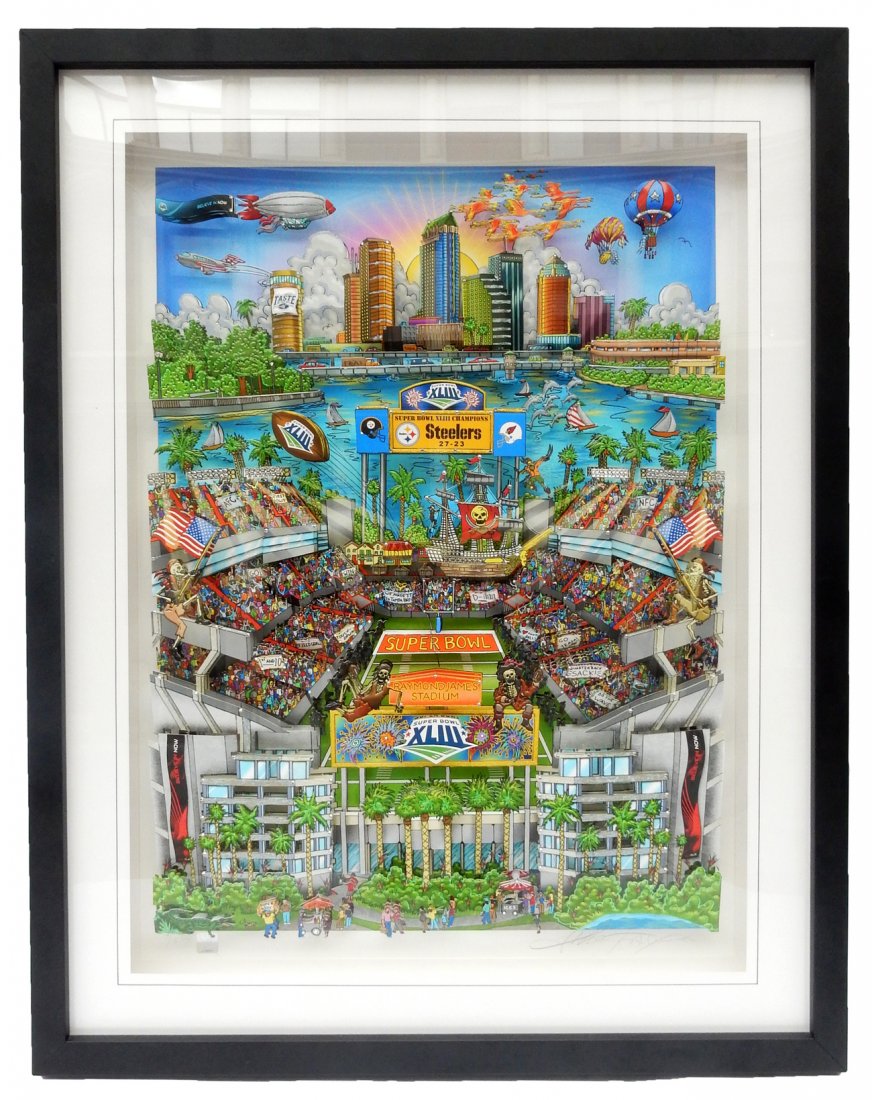 C. Fazzino, "Super Bowl XLIII Tampa": Pop art 3-D construction with printed and embellished raised elements. Numbered and signed in bottom margin with holographic Super Bowl XLIII tag. "7/15 PR Charles Fazzino". [Art: 26" W x 35 1/2" H; F