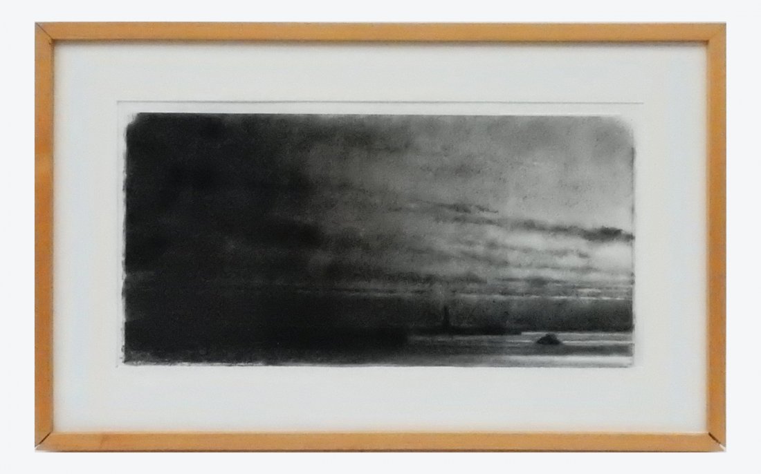 Bruce Kimmer, Charcoal Drawing on Paper: Bruce Kimmer, "New York Harbor Looking Toward Statue of Liberty". Initialed and dated "B.K. '96". [Art: 11" H x 22" W; Frame: 18 1/2" H x 29 3/4" W]. Some frame joints separated.
