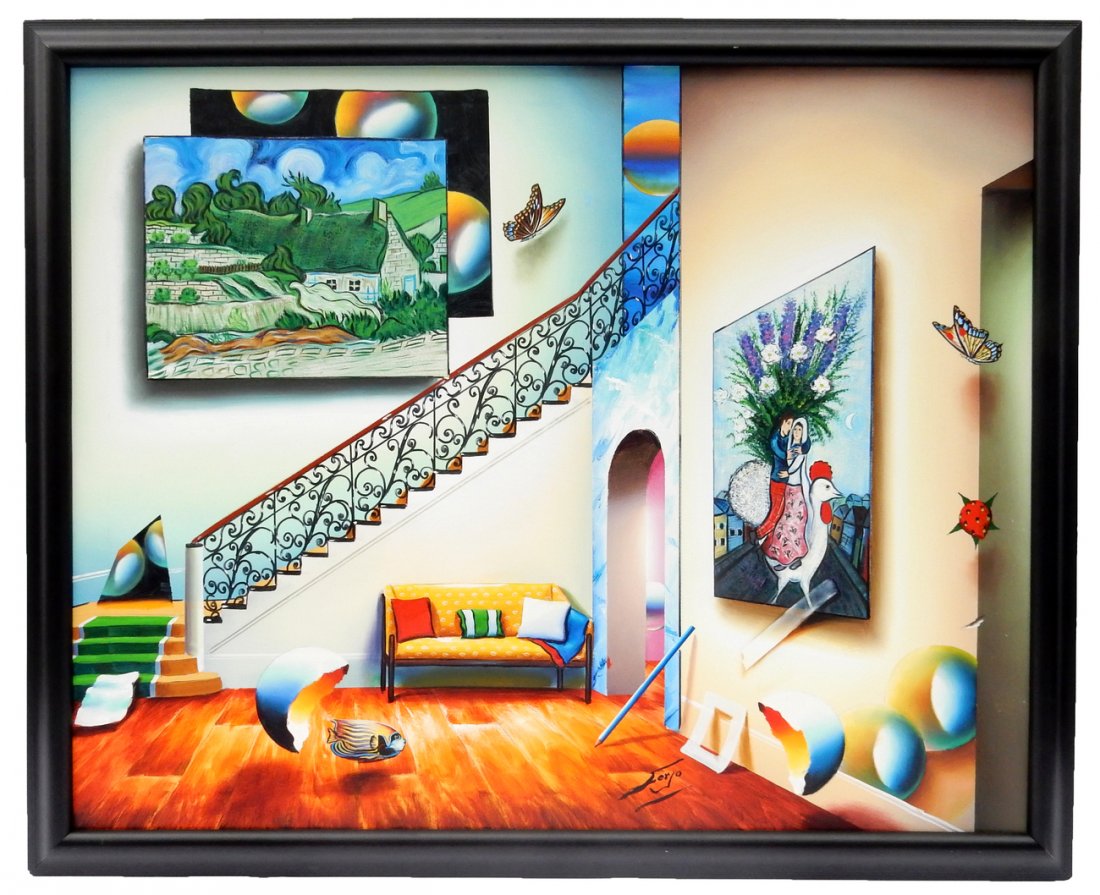 Ferjo, Surreal Interior: Acrylic on canvas. Interior with staircase, art, fish, butterflies, and others. Signed bottom right "Ferjo". [Art: 49 1/2" W x 59 1/4" H; Frame: 55" W x 44 1/2" H]. Few stains at right edge.