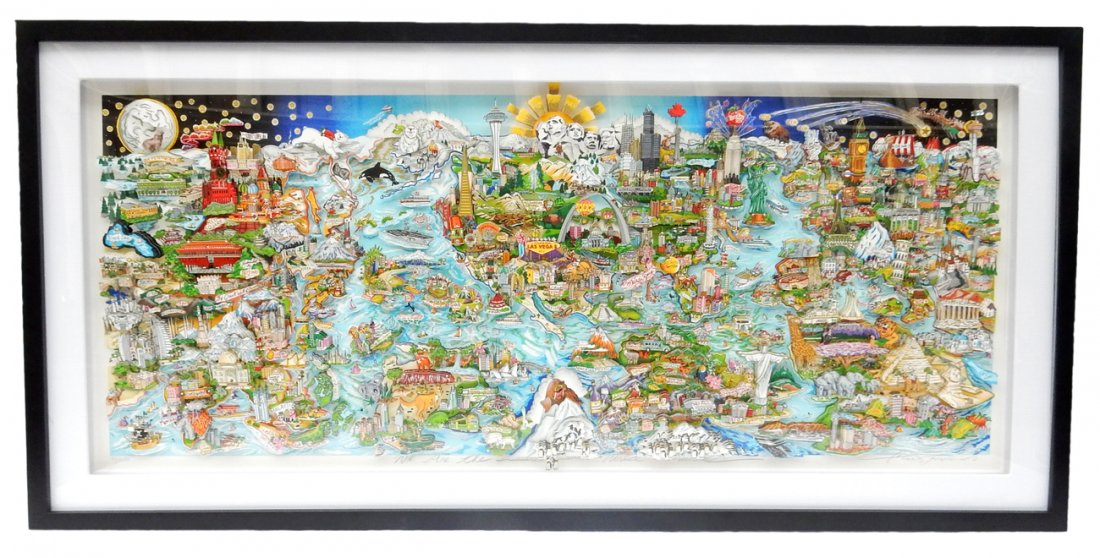 Charles Fazzino, "We Are The World": Pop art 3-D construction composed of printed and embellished raised elements. Signed and inscribed in bottom margin "35/50 DX, We Are The World, Charles Fazzino". [Art: 69 1/2" W x 29 3/4" H; Frame: 8