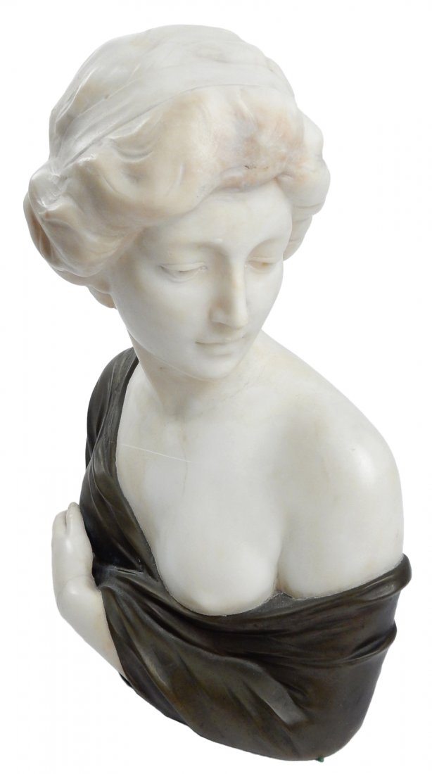 Alabaster and Bronze Female Bust: Alabaster female bust, bronze clad, and signed illegibly with seal. [Approx 11" L x 12" H]. In good condition.